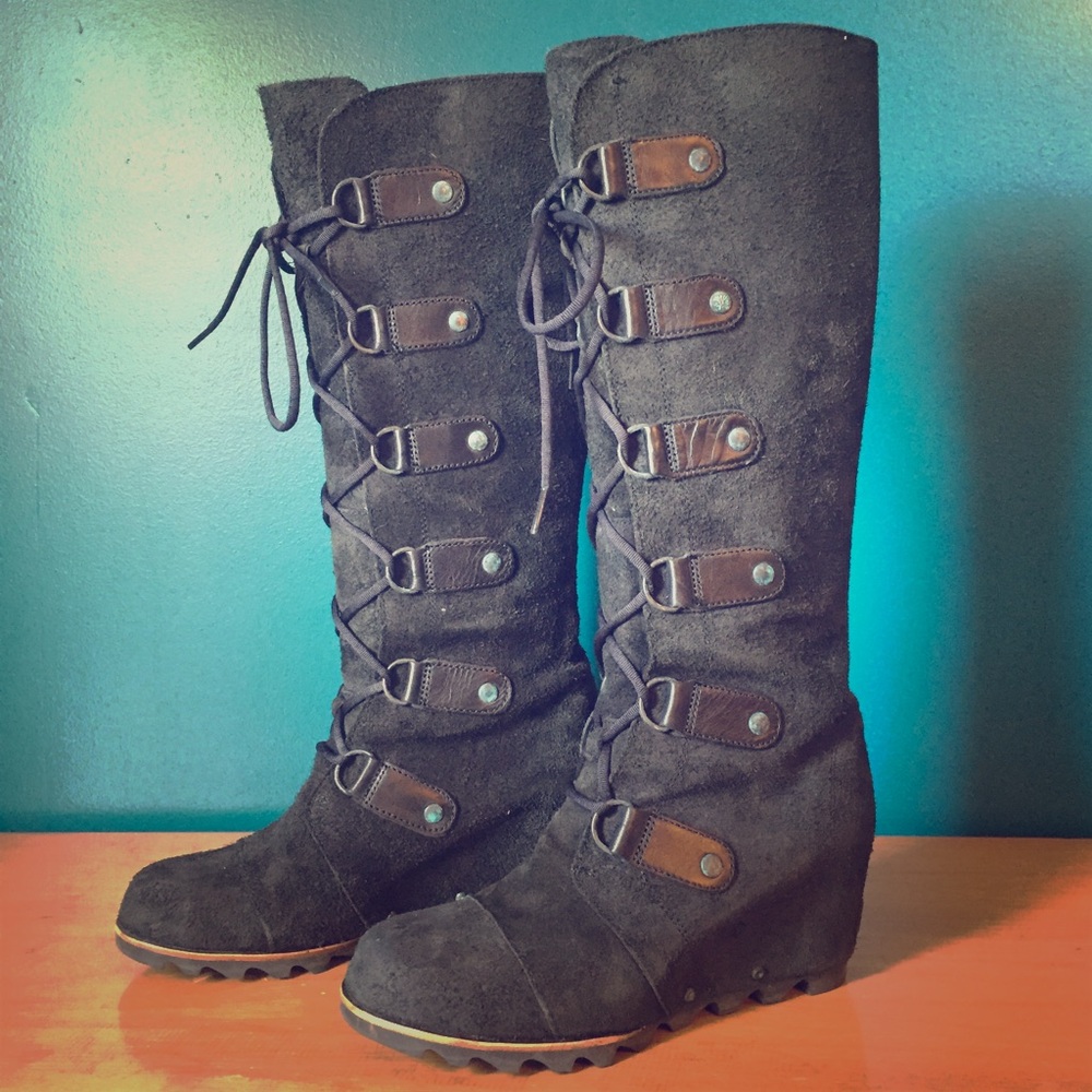 Sorel Black Suede Lace-Up Wedge Combat Boots